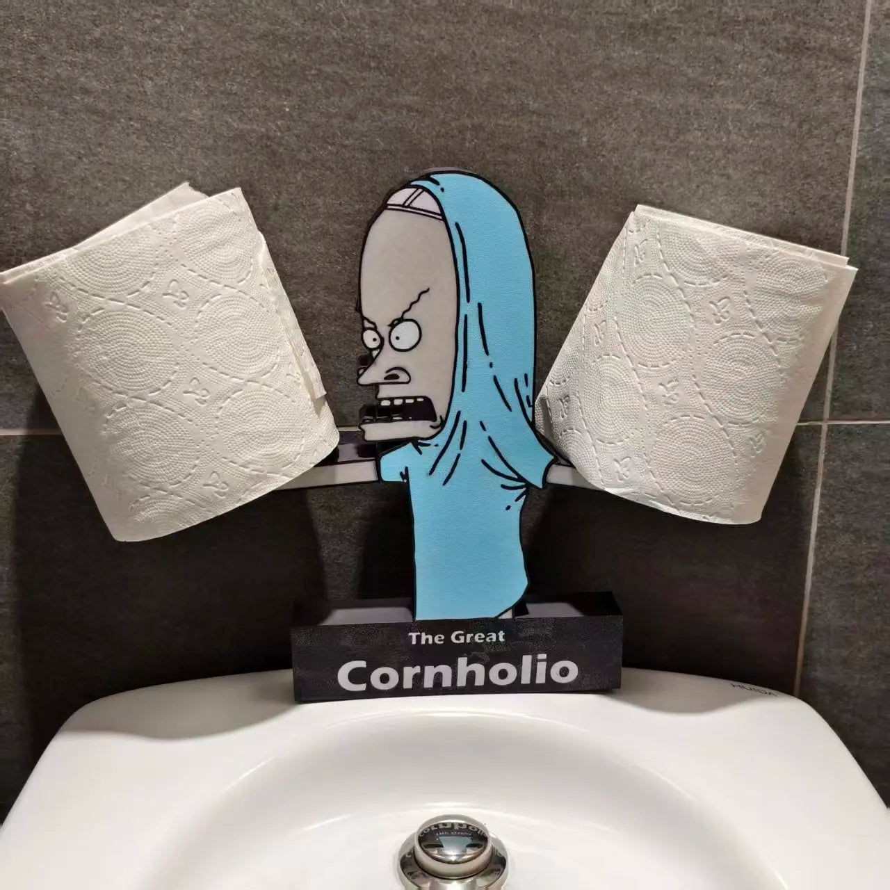 Cornholio Toilet Paper Holder with Character Design and The Great Cornholio Label Fun Functional Bathroom Accessory