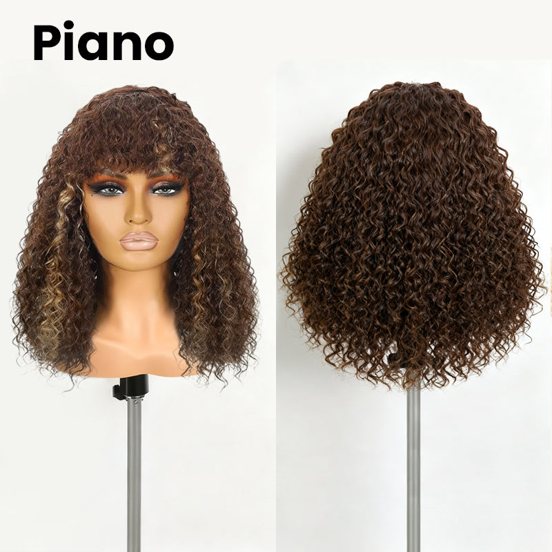 KLENIMORE⢠Blended Human Hair Curly Wig with Bangs - Easily create voluminous, wavy curls; ready to use immediately