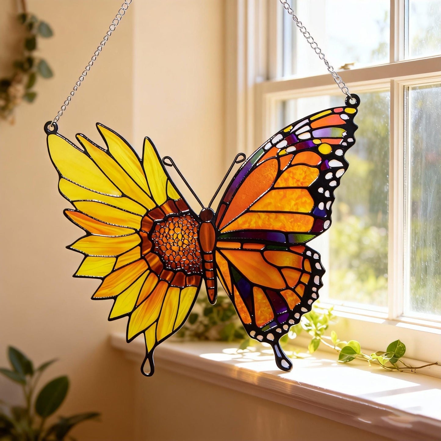 Add a Touch of Nature’s Glow: Butterfly Sunflower Stained Glass Window Decor