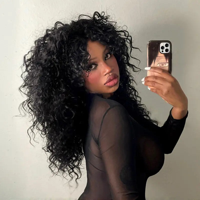 KLENIMORE™ Blended Human Hair Curly Wig with Bangs - Easily create voluminous, wavy curls; ready to use immediately