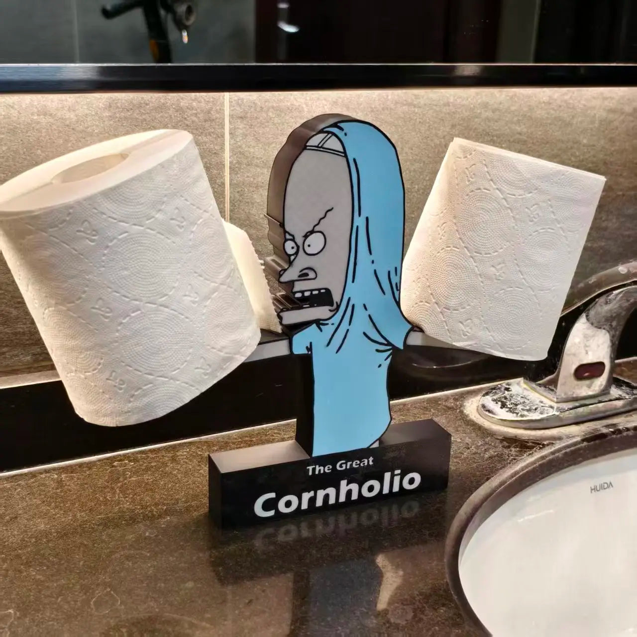 Cornholio Toilet Paper Holder with Character Design and The Great Cornholio Label Fun Functional Bathroom Accessory